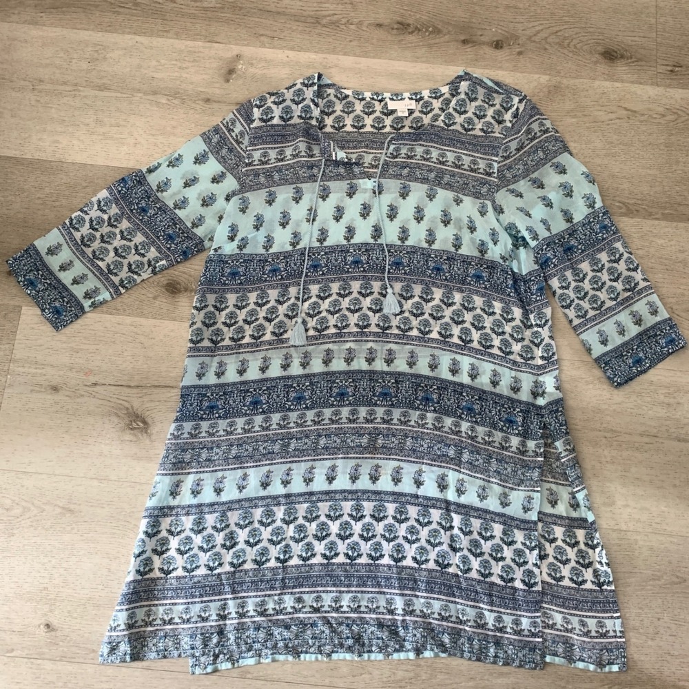 J.Jill Women Floral Paisley Boho Tunic Top‎ 3/4 Sleeve Semi Sheer Beach Cover-Up